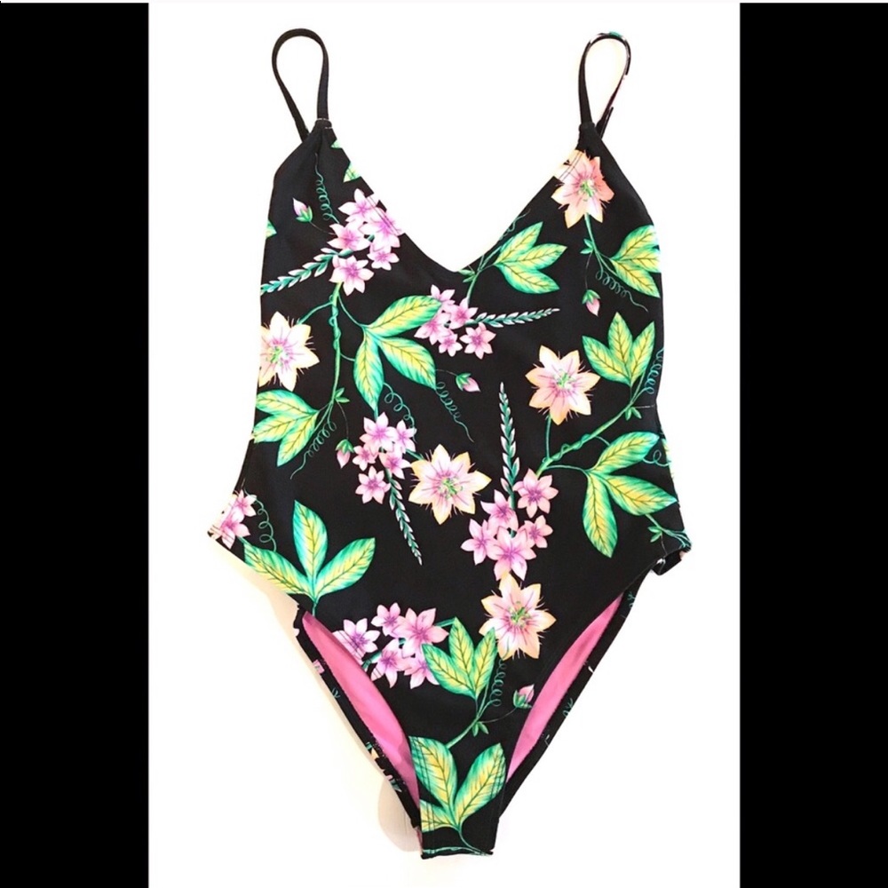 Topshop Tropical Floral One Piece Swimsuit Black - Picture 7 of 7